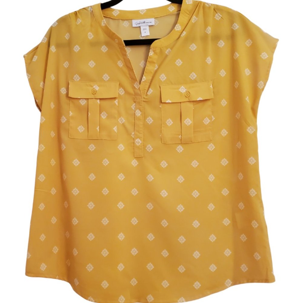 Jaclyn Smith Mustard Yellow Diamond Print Short Sleeve Utility Blouse Sz M